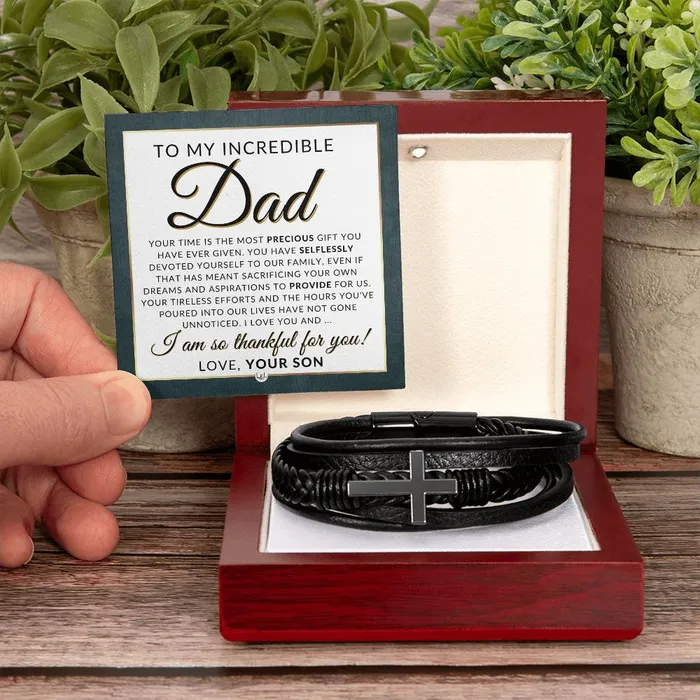 Gift For My Dad From Son Mens Braided Leather Bracelet with Cross Christmas Gift or A Birthday Present For Him ShineOn Fulfillment Bracelets