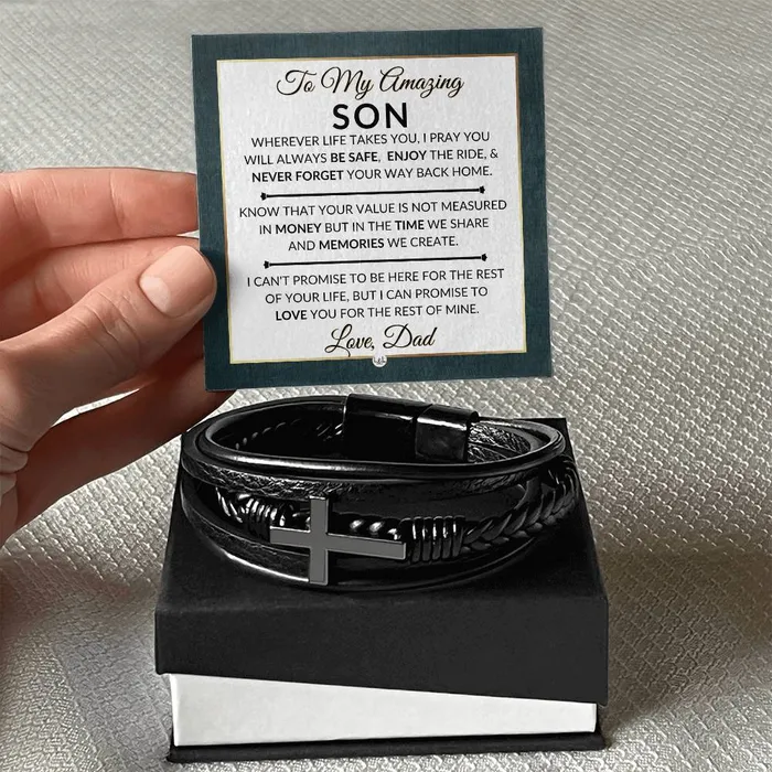 Gift For Son From Dad Never Forget Your Way Home Mens Braided Leather Bracelet with Cross Christmas Gift or A Birthday Present For Him ShineOn Fulfillment Bracelets