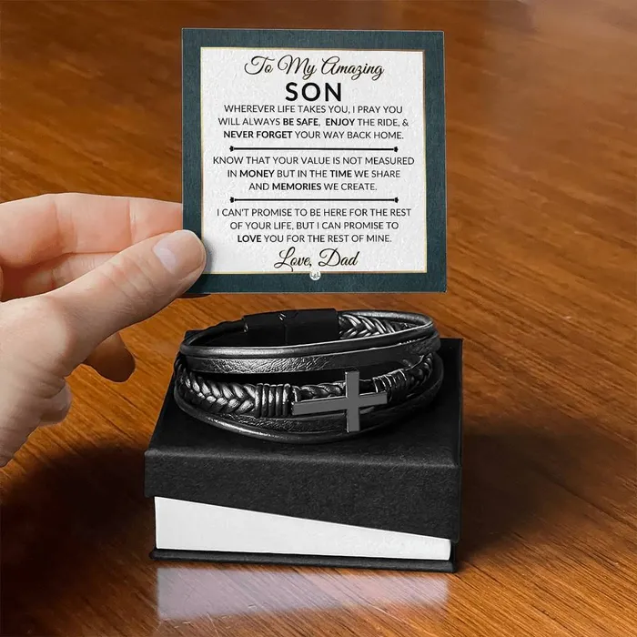 Gift For Son From Dad Never Forget Your Way Home Mens Braided Leather Bracelet with Cross Christmas Gift or A Birthday Present For Him ShineOn Fulfillment Bracelets