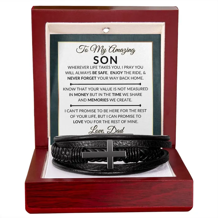 Gift For Son From Dad Never Forget Your Way Home Mens Braided Leather Bracelet with Cross Christmas Gift or A Birthday Present For Him ShineOn Fulfillment Bracelets