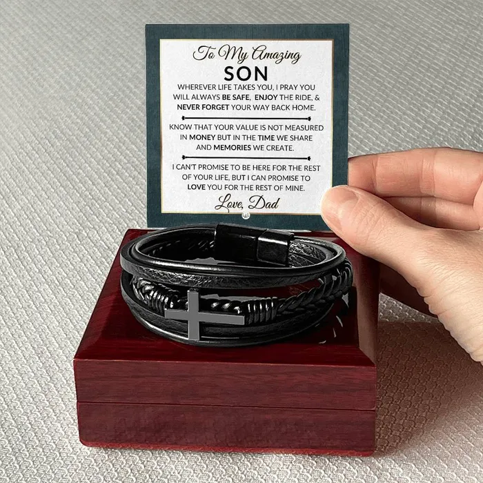 Gift For Son From Dad Never Forget Your Way Home Mens Braided Leather Bracelet with Cross Christmas Gift or A Birthday Present For Him ShineOn Fulfillment Bracelets