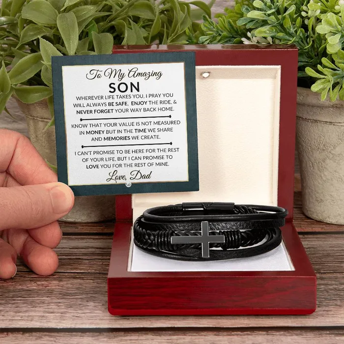 Gift For Son From Dad Never Forget Your Way Home Mens Braided Leather Bracelet with Cross Christmas Gift or A Birthday Present For Him ShineOn Fulfillment Bracelets