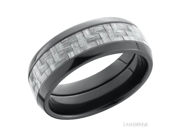 LASHBROOK 8mm Black Zirconium and Silver Carbon Fiber Wedding Band Rings