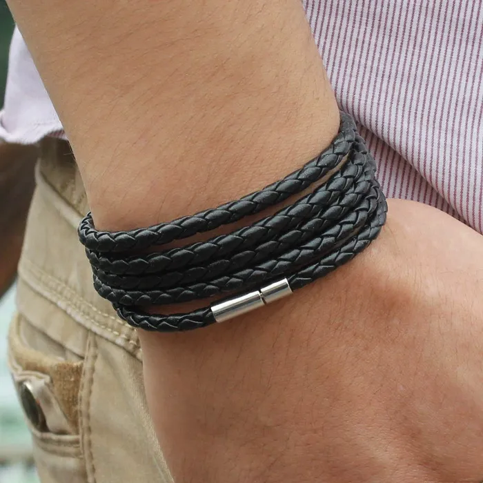 Multilayer Push In Black Leather Bracelet Glitters Bracelets