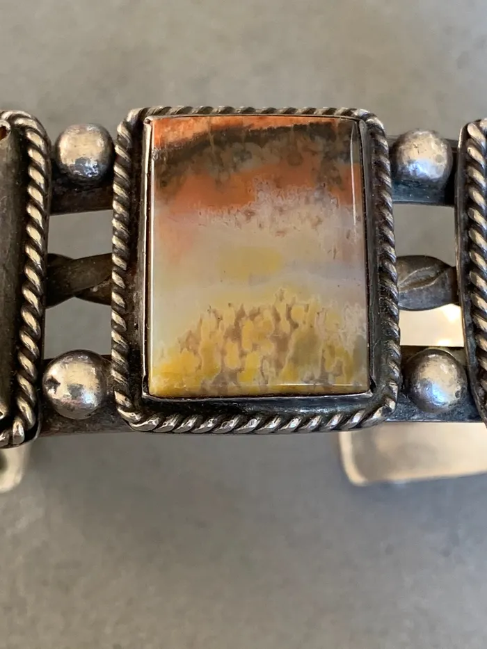 Petrified Wood BraceletFred Harvey Era sterling Crown Jewels Coin Bracelets