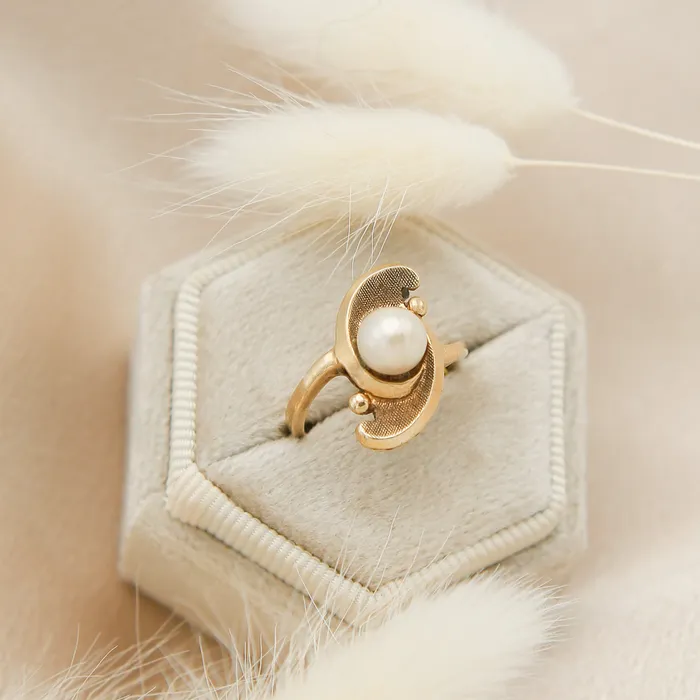 Rings 1960s 10k Double Wave Ring with Natural Pearl Sz 475 Cival Vintage Antique