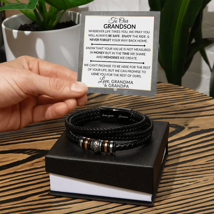 ShineOn Fulfillment Bracelets Gift For Grandson From Grandma and Grandpa Never Forget Your Way Home Mens Braided Leather Bracelet Great As A Christmas Gift or A Birthday Present For Him ShineOn Fulfillment Bracelets Gift For Grandson From Grandma and Grandpa Never Forget Your Way Home Mens Braided Leather Bracelet Great As A Christmas Gift or A Birthday Present For Him