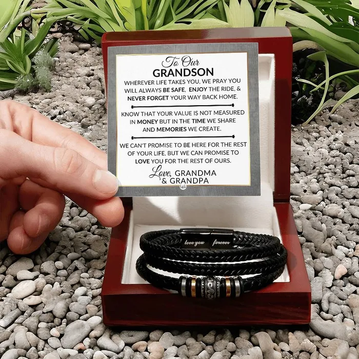 ShineOn Fulfillment Bracelets Gift For Grandson From Grandma and Grandpa Never Forget Your Way Home Mens Braided Leather Bracelet Great As A Christmas Gift or A Birthday Present For Him
