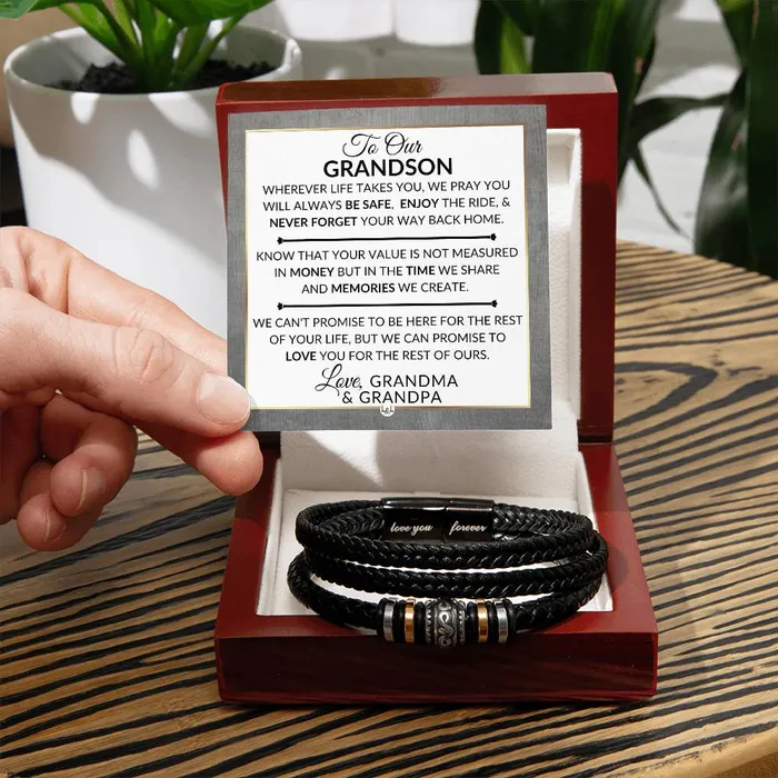 ShineOn Fulfillment Bracelets Gift For Grandson From Grandma and Grandpa Never Forget Your Way Home Mens Braided Leather Bracelet Great As A Christmas Gift or A Birthday Present For Him