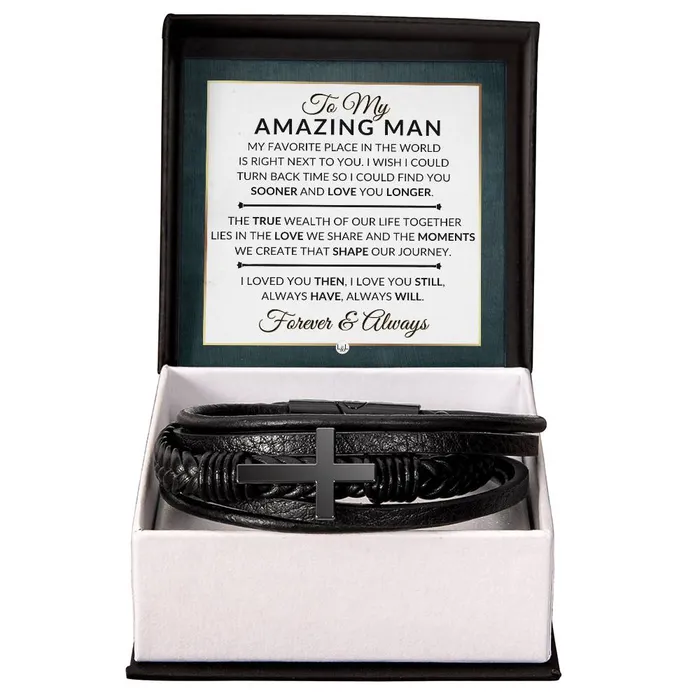 ShineOn Fulfillment Bracelets Heartfelt Gift For My Man Always Have Always Will Mens Braided Leather Bracelet with Cross Christmas Gift or A Birthday Present For Him ShineOn Fulfillment Bracelets Heartfelt Gift For My Man Always Have Always Will Mens Braided Leather Bracelet with Cross Christmas Gift or A Birthday Present For Him