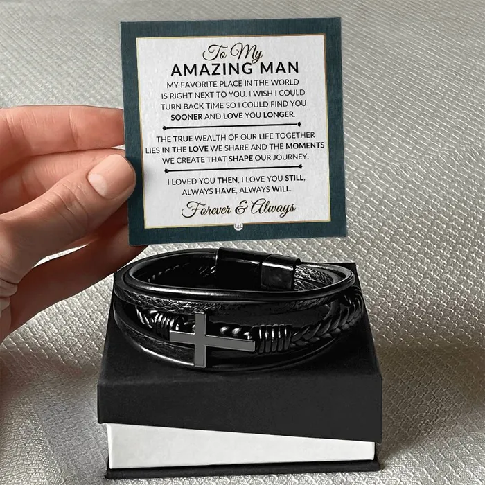 ShineOn Fulfillment Bracelets Heartfelt Gift For My Man Always Have Always Will Mens Braided Leather Bracelet with Cross Christmas Gift or A Birthday Present For Him