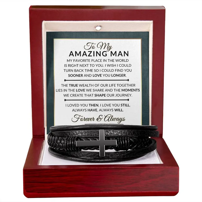 ShineOn Fulfillment Bracelets Heartfelt Gift For My Man Always Have Always Will Mens Braided Leather Bracelet with Cross Christmas Gift or A Birthday Present For Him