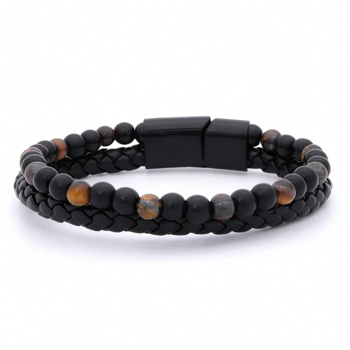 Tiger Eye Beads with Black Braided Leather Bracelet Glitters Bracelets