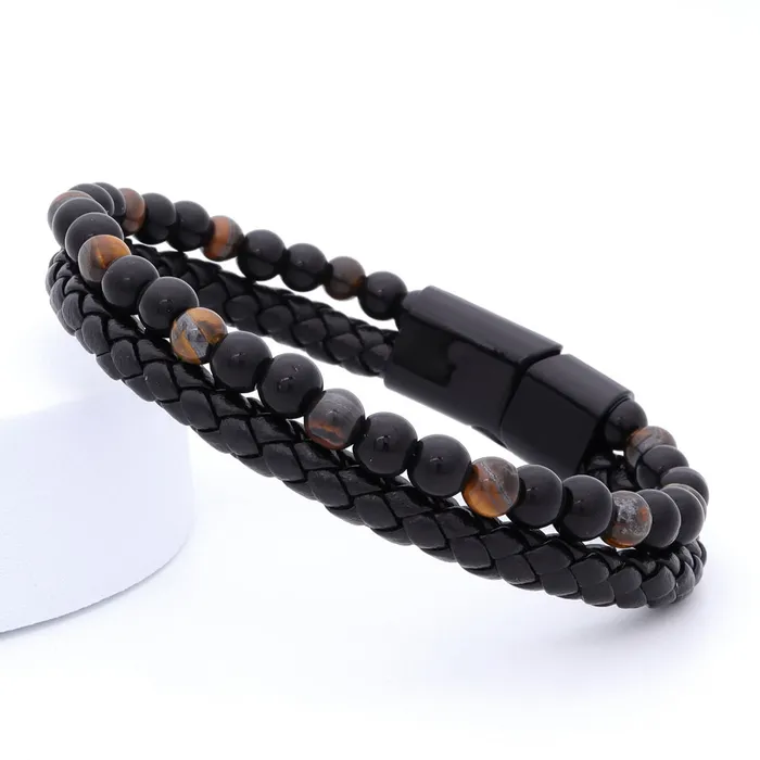 Tiger Eye Beads with Black Braided Leather Bracelet Glitters Bracelets
