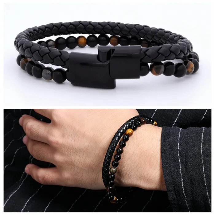 Tiger Eye Beads with Black Braided Leather Bracelet Glitters Bracelets