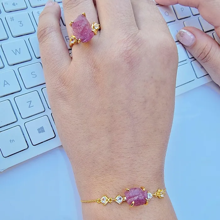 Uniquelan Jewelry Bracelets Raw Pink Tourmaline Bracelet Ring Set