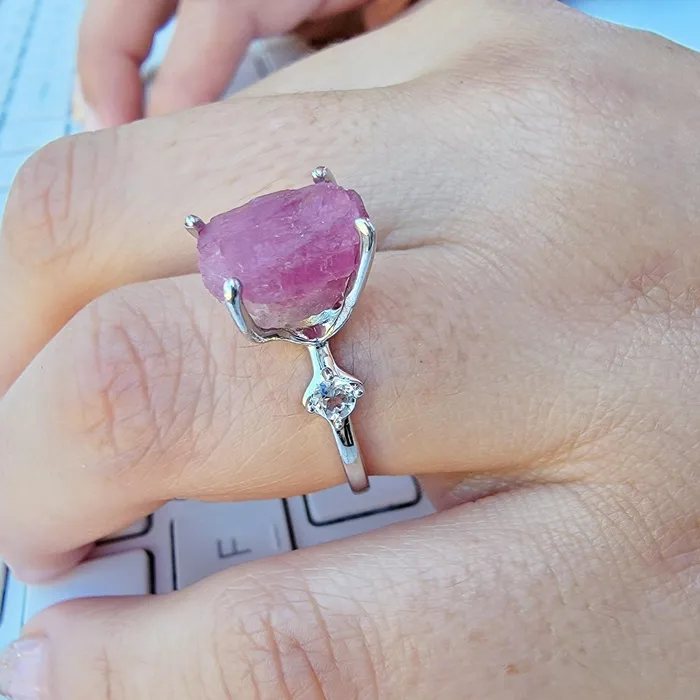 Uniquelan Jewelry Bracelets Raw Pink Tourmaline Bracelet Ring Set