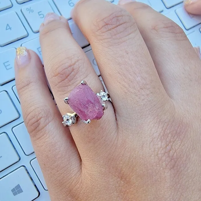 Uniquelan Jewelry Bracelets Raw Pink Tourmaline Bracelet Ring Set
