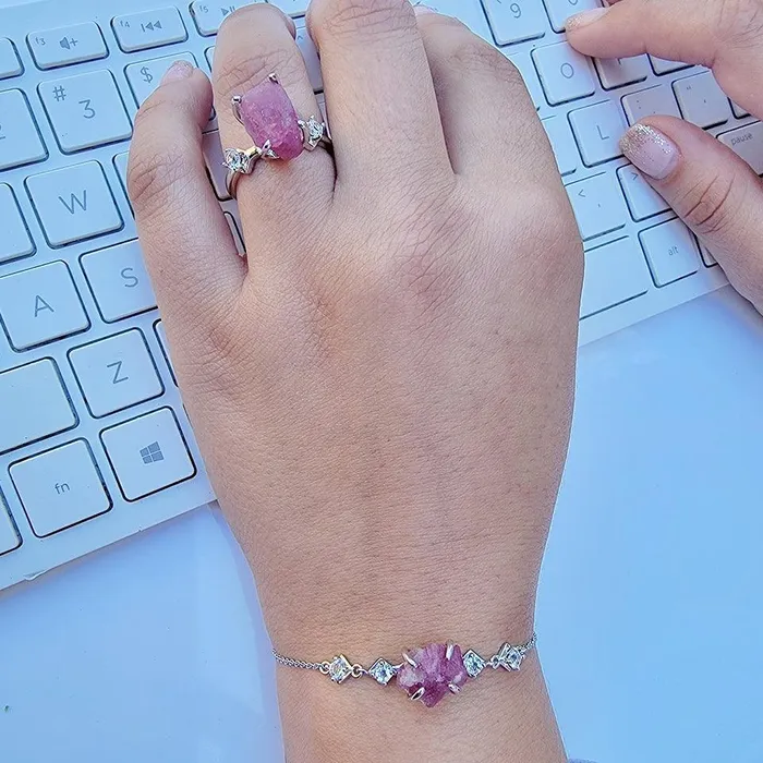 Uniquelan Jewelry Bracelets Raw Pink Tourmaline Bracelet Ring Set