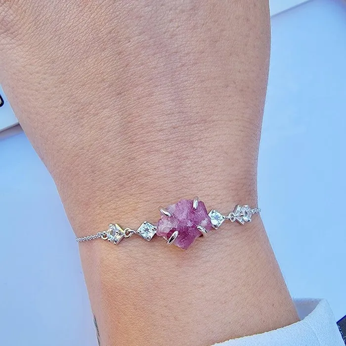 Uniquelan Jewelry Bracelets Raw Pink Tourmaline Bracelet Ring Set