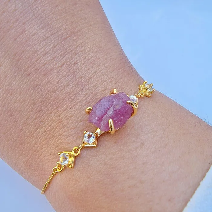 Uniquelan Jewelry Bracelets Raw Pink Tourmaline Bracelet Ring Set