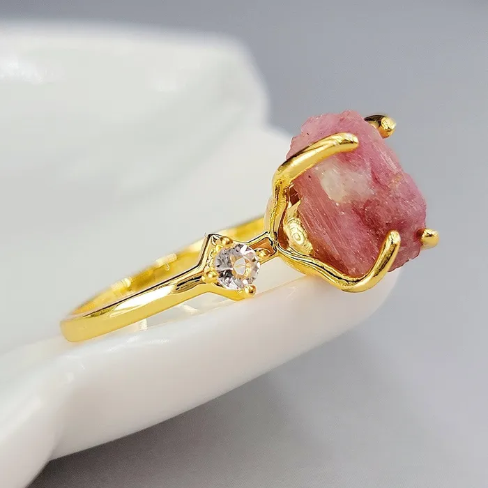 Uniquelan Jewelry Bracelets Raw Pink Tourmaline Bracelet Ring Set