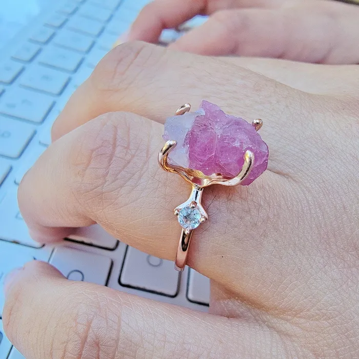Uniquelan Jewelry Bracelets Raw Pink Tourmaline Bracelet Ring Set