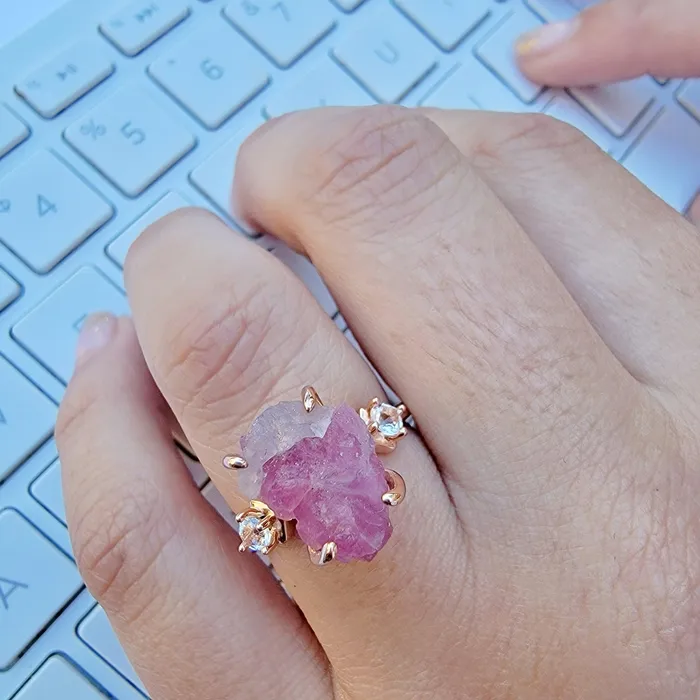 Uniquelan Jewelry Bracelets Raw Pink Tourmaline Bracelet Ring Set