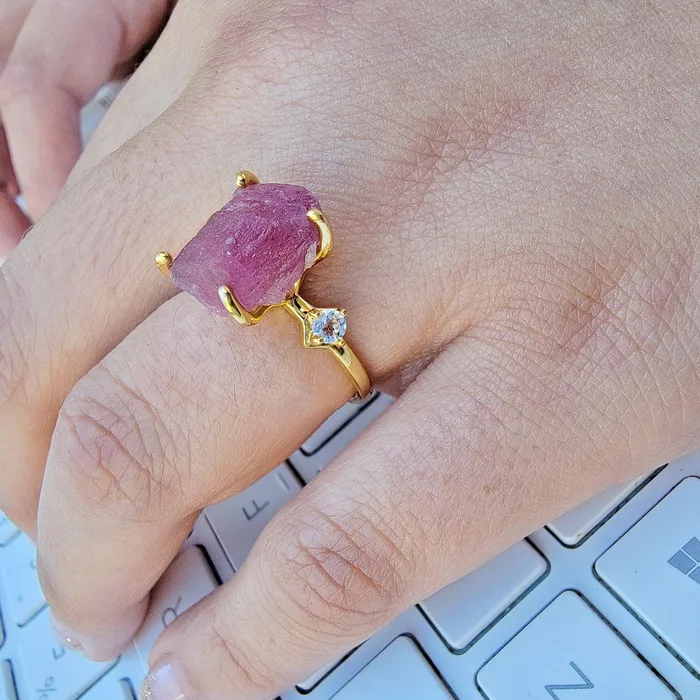 Uniquelan Jewelry Bracelets Raw Pink Tourmaline Bracelet Ring Set