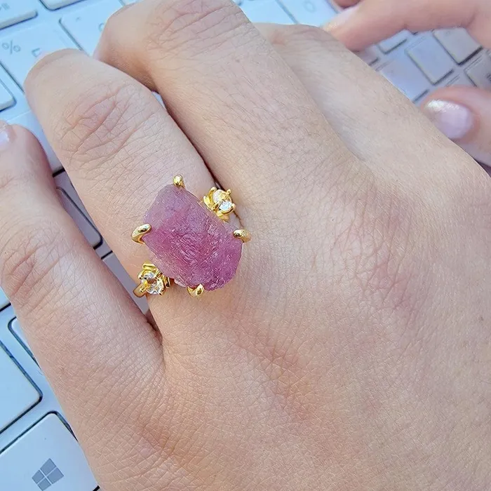 Uniquelan Jewelry Bracelets Raw Pink Tourmaline Bracelet Ring Set